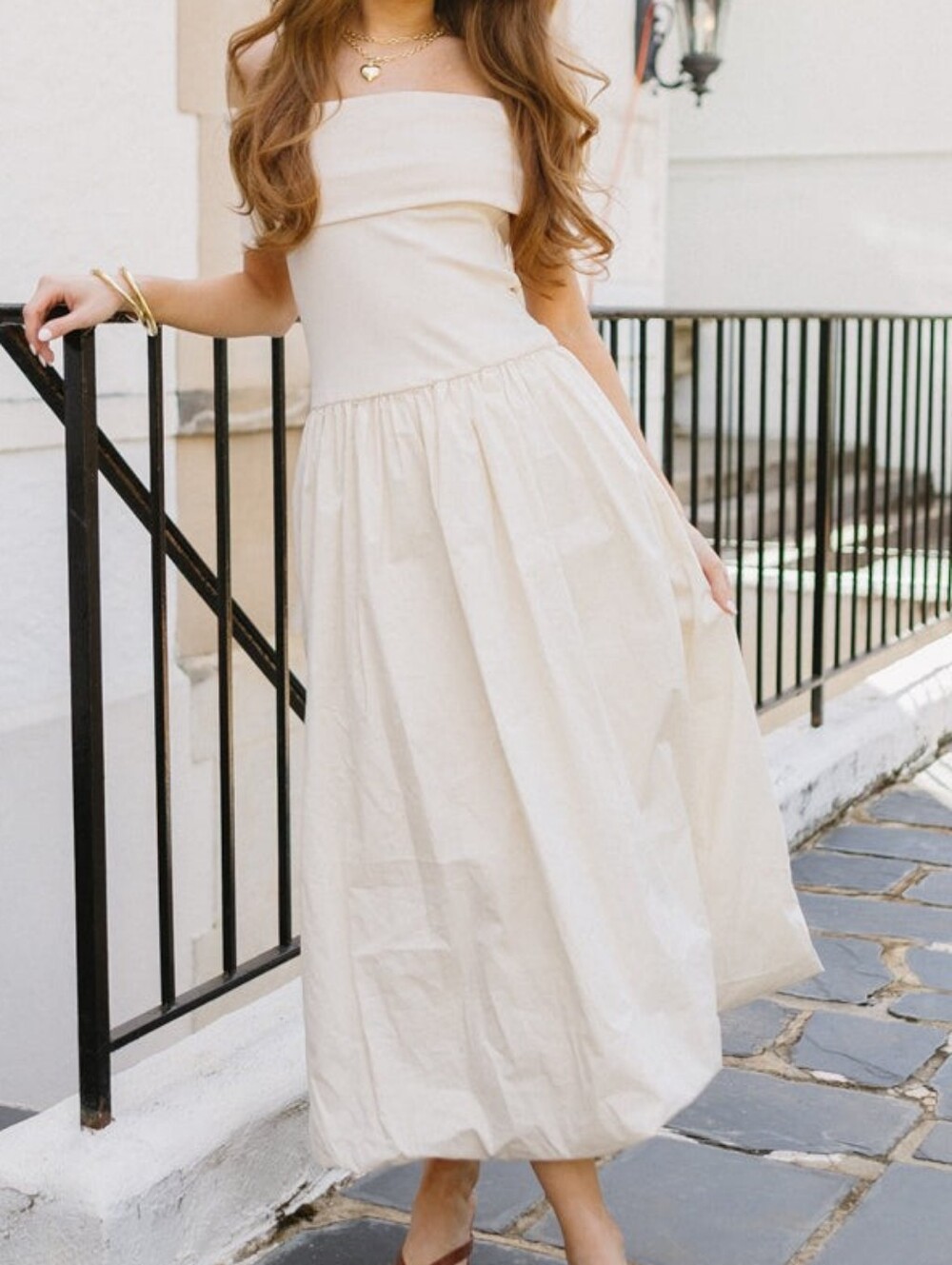 Lush Off-Shoulder Cream Full Skirt Midi  Dress, Medium